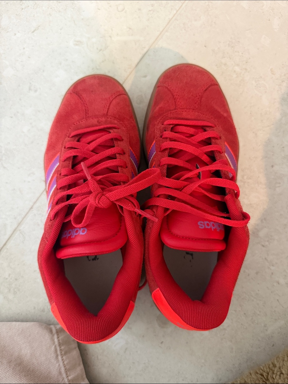 adidas Red Suede Sneakers with Purple Stripe Accentst - Picture 2 of 6